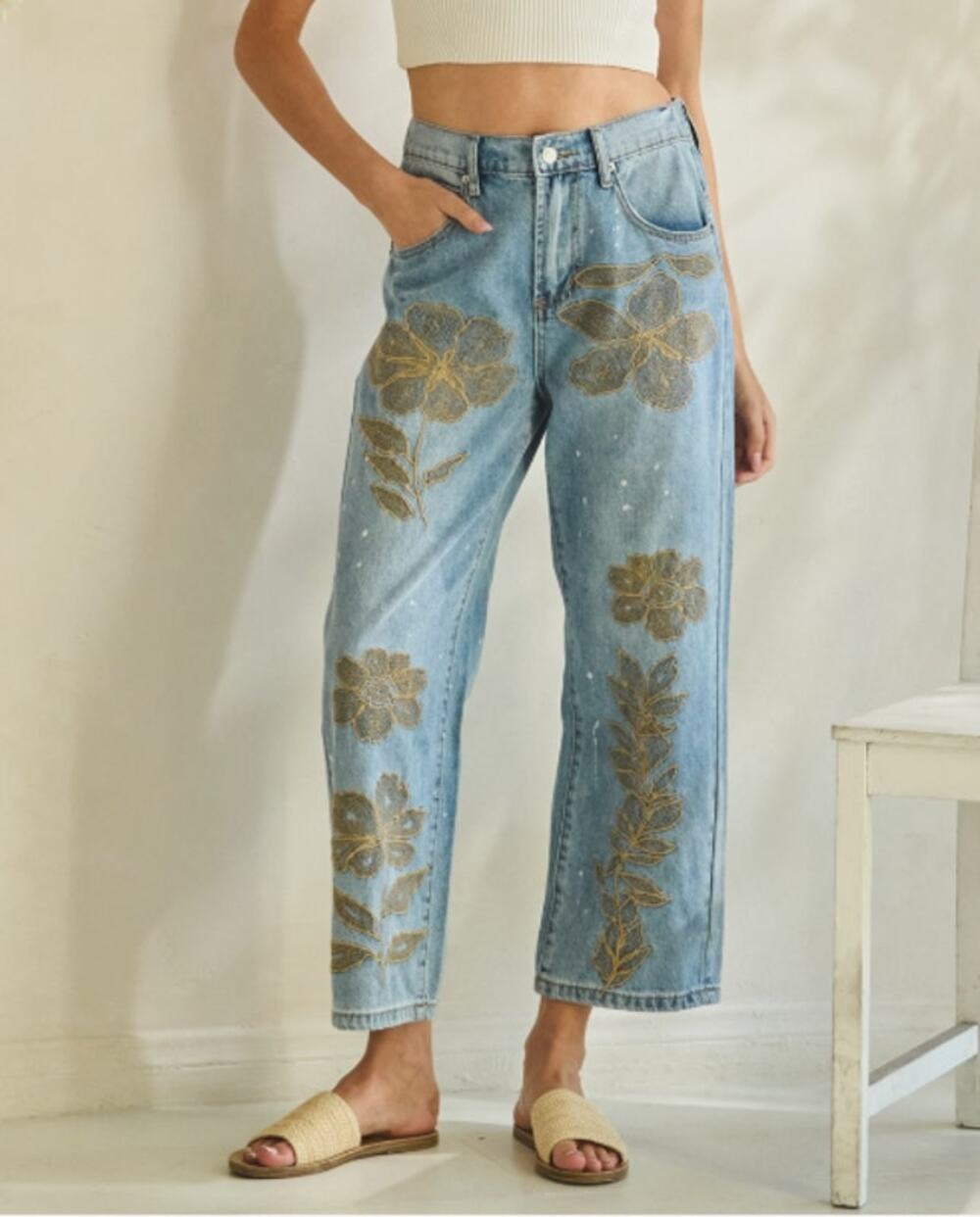 Oli & Hali Floral Embroidered Ankle Denim Jeans L NWT - Coastal Boho